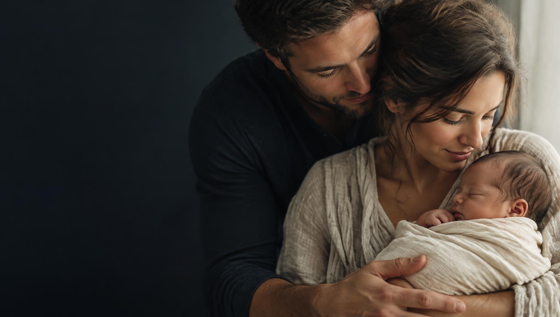 Parents tenderly holding their newborn